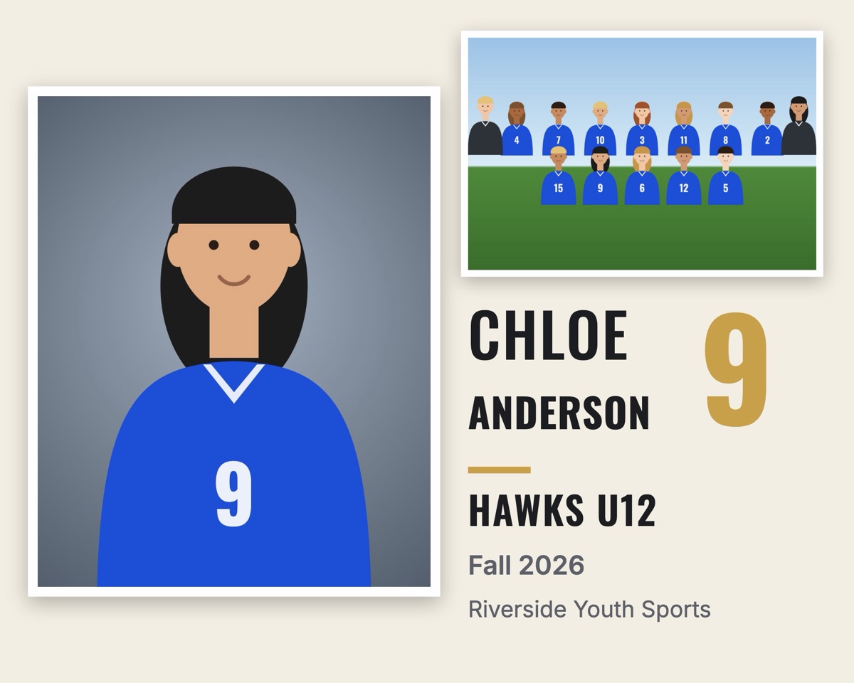 Side-by-side memory mate: portrait on the left, team photo and name on the right